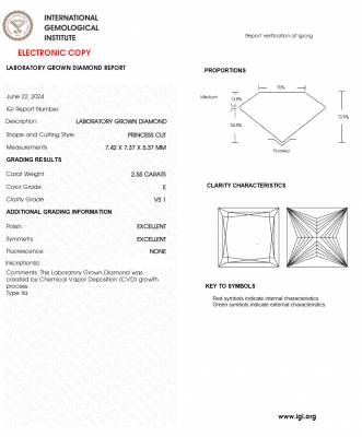 KIM CƯƠNG NUÔI CẤY CVD - PRINCESS / 2.55 Carats / E / VS1