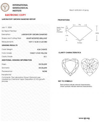 KIM CƯƠNG NUÔI CẤY CVD - HEART - FANCY VIVID YELLOW / 4.04 Carats /VS1