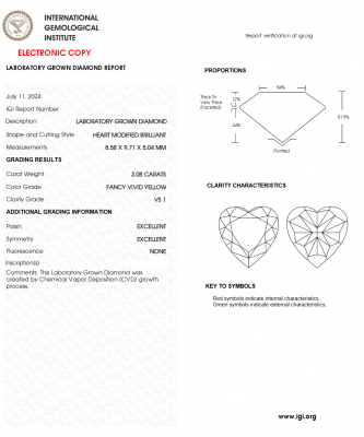 KIM CƯƠNG NUÔI CẤY CVD - HEART - FANCY VIVID YELLOW / 3.08 Carats /VS1
