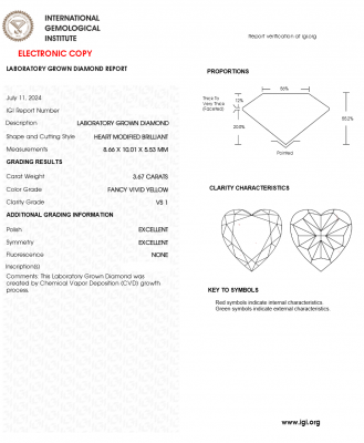 KIM CƯƠNG NUÔI CẤY CVD - HEART - FANCY VIVID YELLOW / 3.67 Carats /VS1
