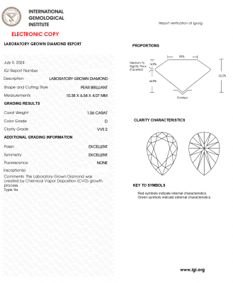 KIM CƯƠNG NUÔI CẤY CVD - PEAR / 1.56 Carats / D / VVS2