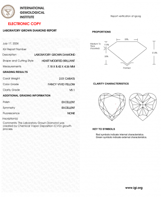 KIM CƯƠNG NUÔI CẤY CVD - HEART - FANCY VIVID YELLOW / 2.01 Carats / VS1
