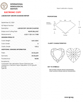 KIM CƯƠNG NUÔI CẤY CVD - HEART / 1.08 Carats / D / VVS2