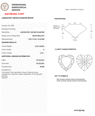 KIM CƯƠNG NUÔI CẤY CVD - HEART / 2.08 Carats / D / VVS1