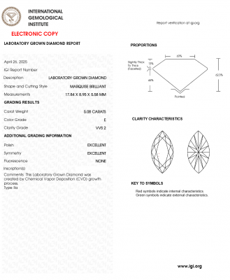 KIM CƯƠNG NUÔI CẤY CVD - MARQUISE / 5.08 Carats / E / VVS2