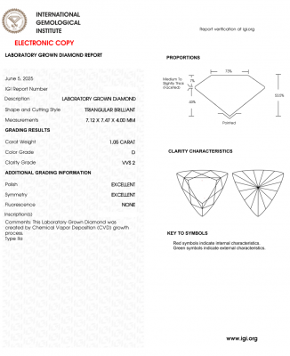 KIM CƯƠNG NUÔI CẤY CVD - TRIANGULAR / 1.05 Carats / D / VVS2
