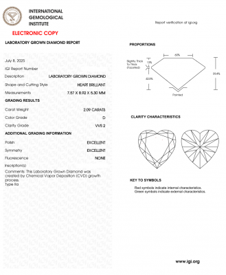 KIM CƯƠNG NUÔI CẤY CVD - HEART / 2.09 Carats / D / VVS2
