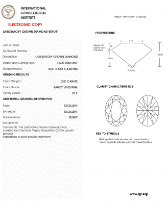 KIM CƯƠNG NUÔI CẤY CVD - OVAL - FANCY VIVID PINK / 2.01 Carats / VS2