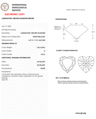 KIM CƯƠNG NUÔI CẤY CVD - HEART / 1.06 Carats / D / VVS2