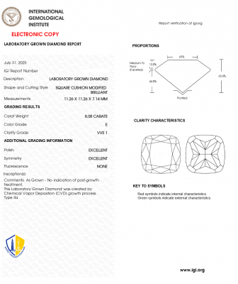 KIM CƯƠNG NUÔI CẤY CVD - CUSHION / 8.08 Carats / E / VVS1
