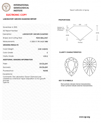 KIM CƯƠNG NUÔI CẤY CVD - PEAR / 2 Carats / E / VVS2