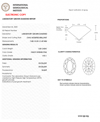 KIM CƯƠNG NUÔI CẤY CVD - OVAL - FANCY INTENSE PINK / 1.05 Carat / VVS1