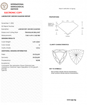KIM CƯƠNG NUÔI CẤY CVD - TRIANGULAR / 1.09 Carats / D / VVS2