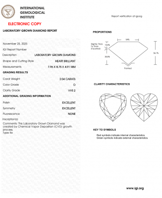 KIM CƯƠNG NUÔI CẤY CVD - HEART / 2.04 Carats / D / VVS2