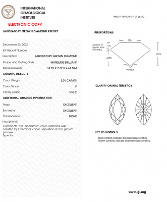 KIM CƯƠNG NUÔI CẤY CVD - MARQUISE / 3.01 Carats / F / VVS2