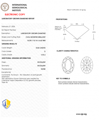 KIM CƯƠNG NUÔI CẤY CVD - OVAL / 8.05 Carats / D / VVS2