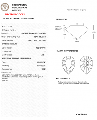 KIM CƯƠNG NUÔI CẤY CVD - PEAR / 4.08 Carats / E / VVS1