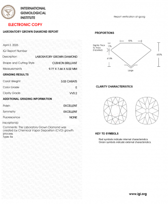 KIM CƯƠNG NUÔI CẤY CVD - CUSHION / 3.03 Carats / E / VVS2