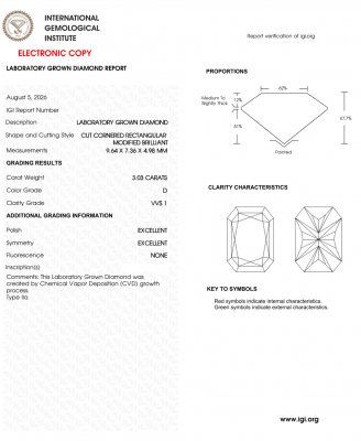 KIM CƯƠNG NUÔI CẤY CVD - RADIANT / 3.03 Carats / D / VVS1