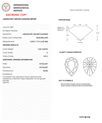 KIM CƯƠNG NUÔI CẤY CVD - PEAR / 3 Carats / D / VVS2